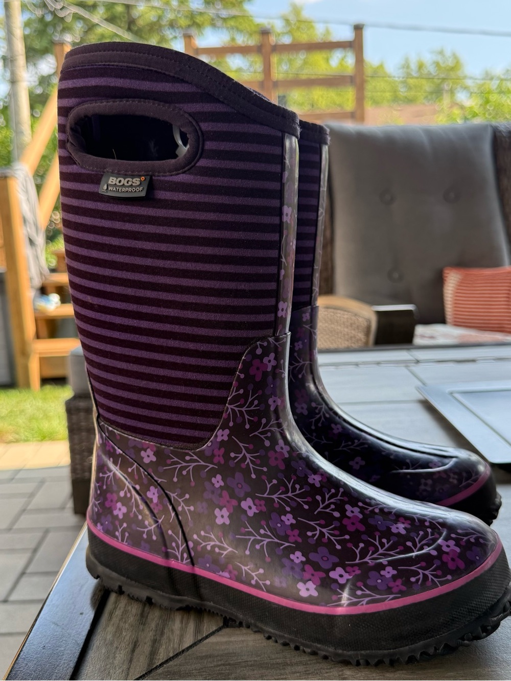 Bogs kids Purple Floral Stripe Waterproof Rain Boots